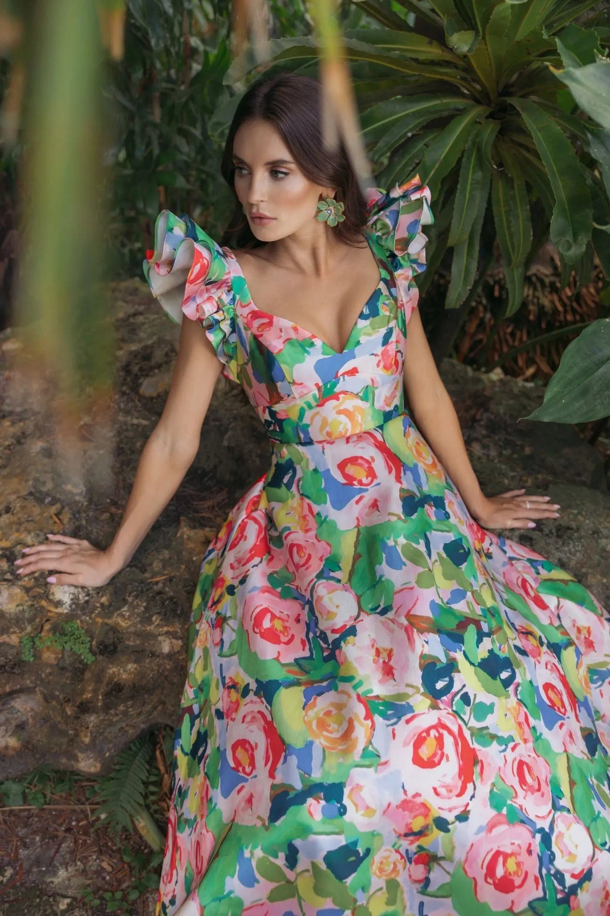 Mac Duggal Multicolor Floral Ruffle Cap Sleeve Ball Gown