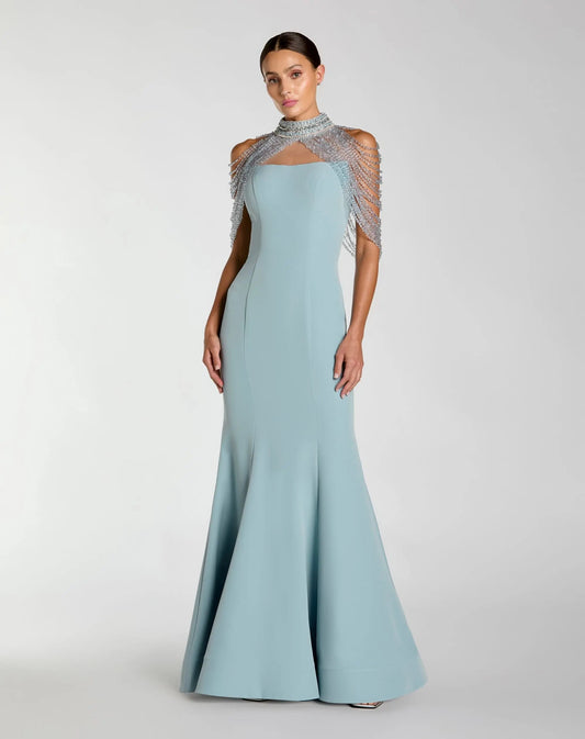 Mac Duggal Blue Crepe Mermaid Gown With Crystal Draping
