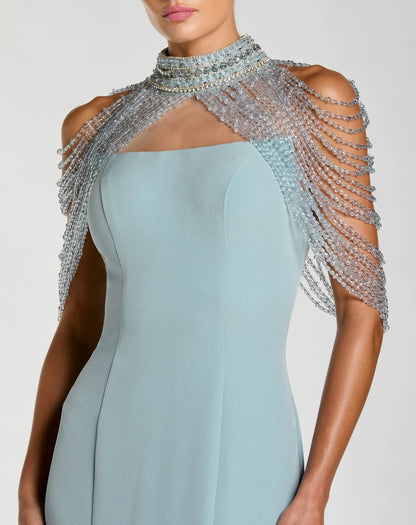 Mac Duggal Blue Crepe Mermaid Gown With Crystal Draping