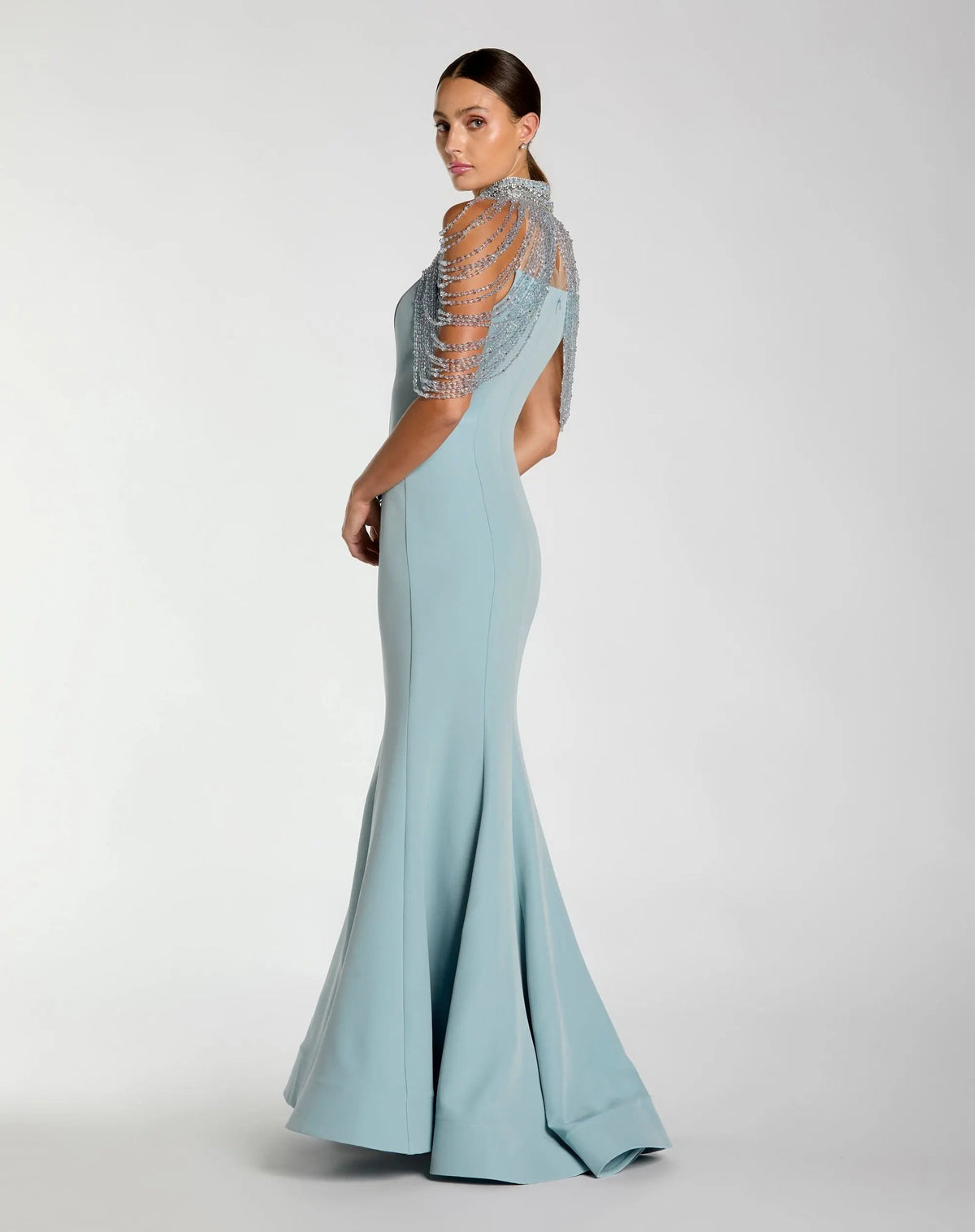 Mac Duggal Blue Crepe Mermaid Gown With Crystal Draping