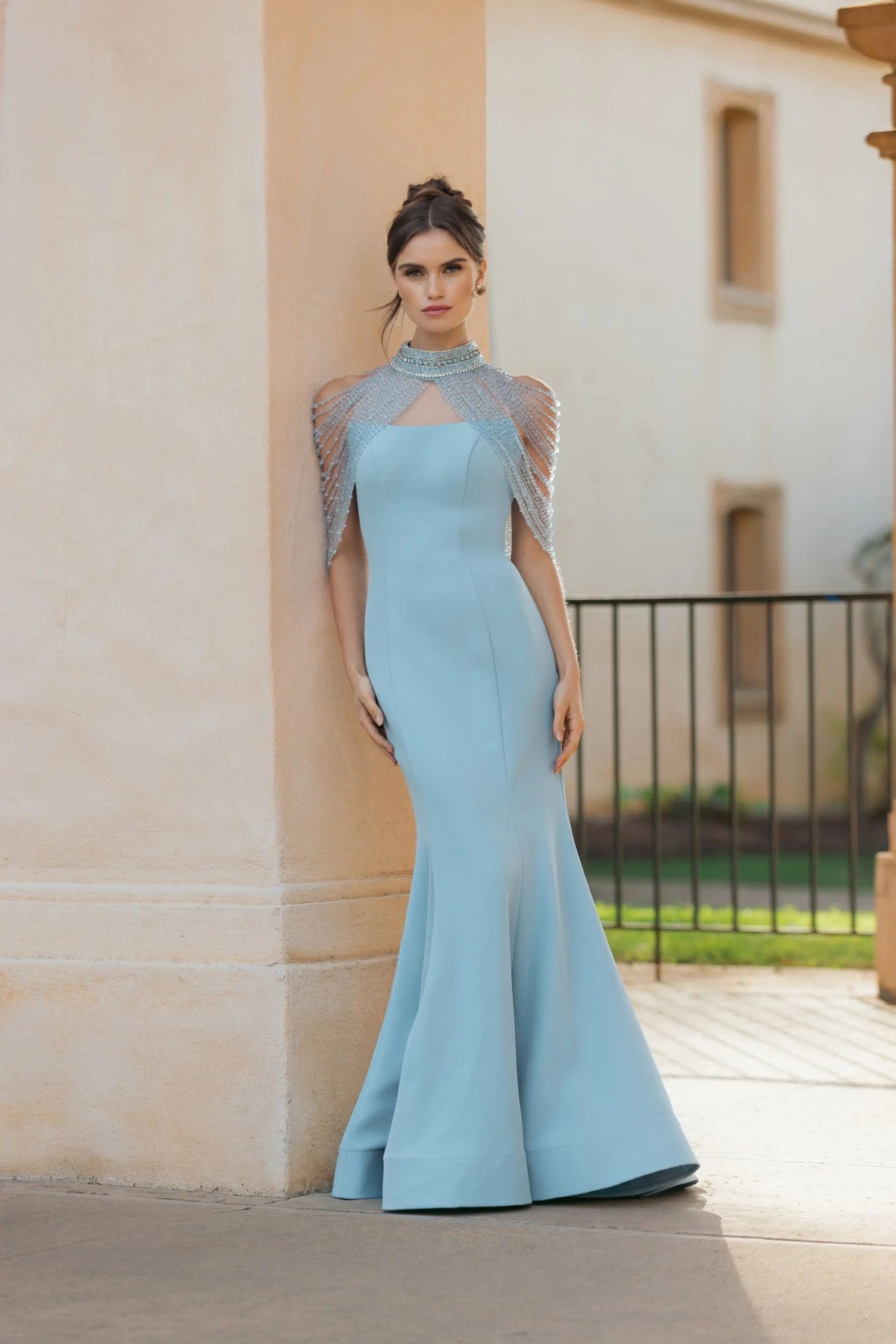 Mac Duggal Blue Crepe Mermaid Gown With Crystal Draping