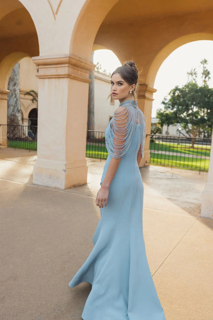 Mac Duggal Blue Crepe Mermaid Gown With Crystal Draping