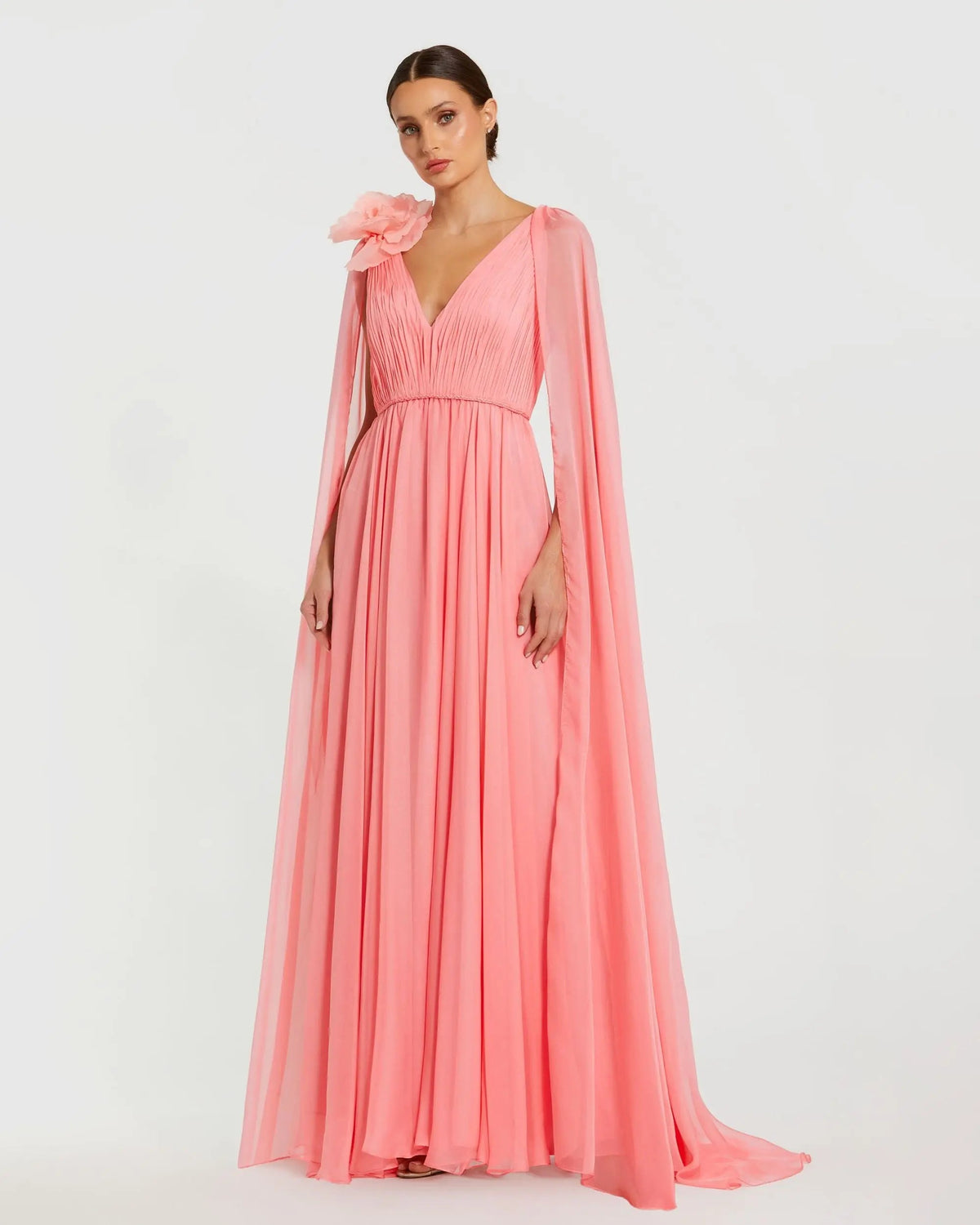 Mac Duggal Pink Chiffon V-Neck Gown With Cape Sleeves