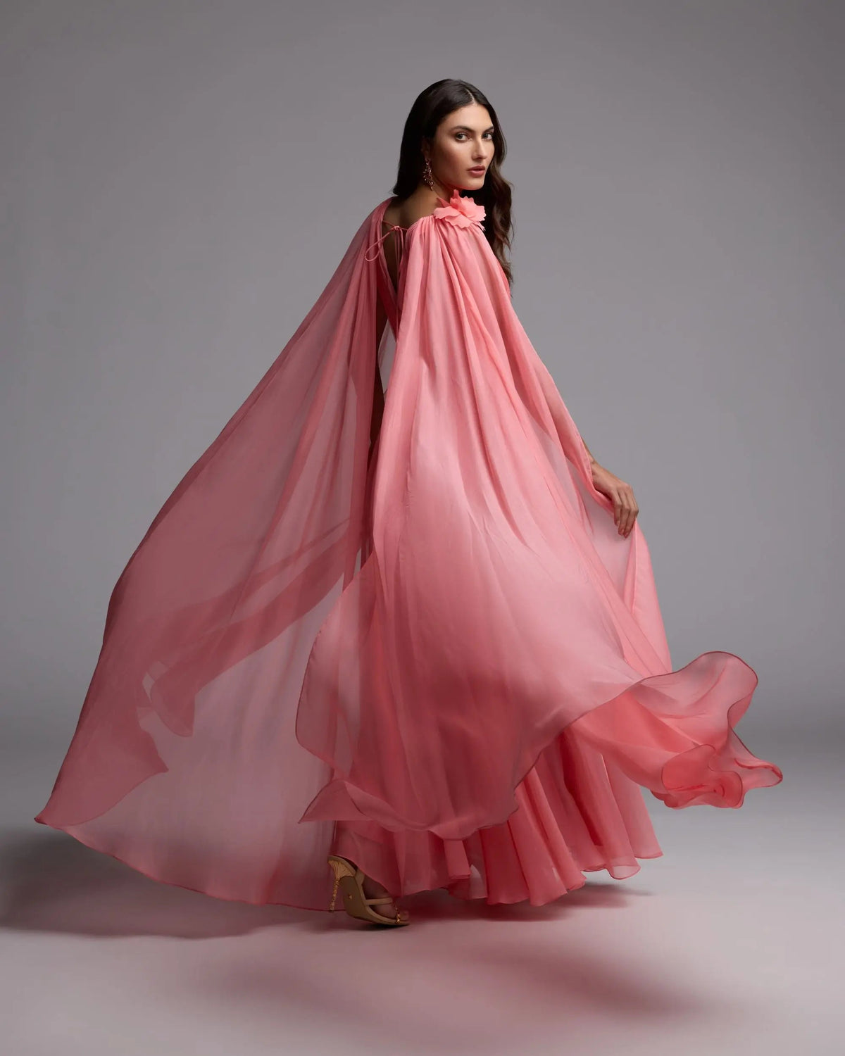 Mac Duggal Pink Chiffon V-Neck Gown With Cape Sleeves