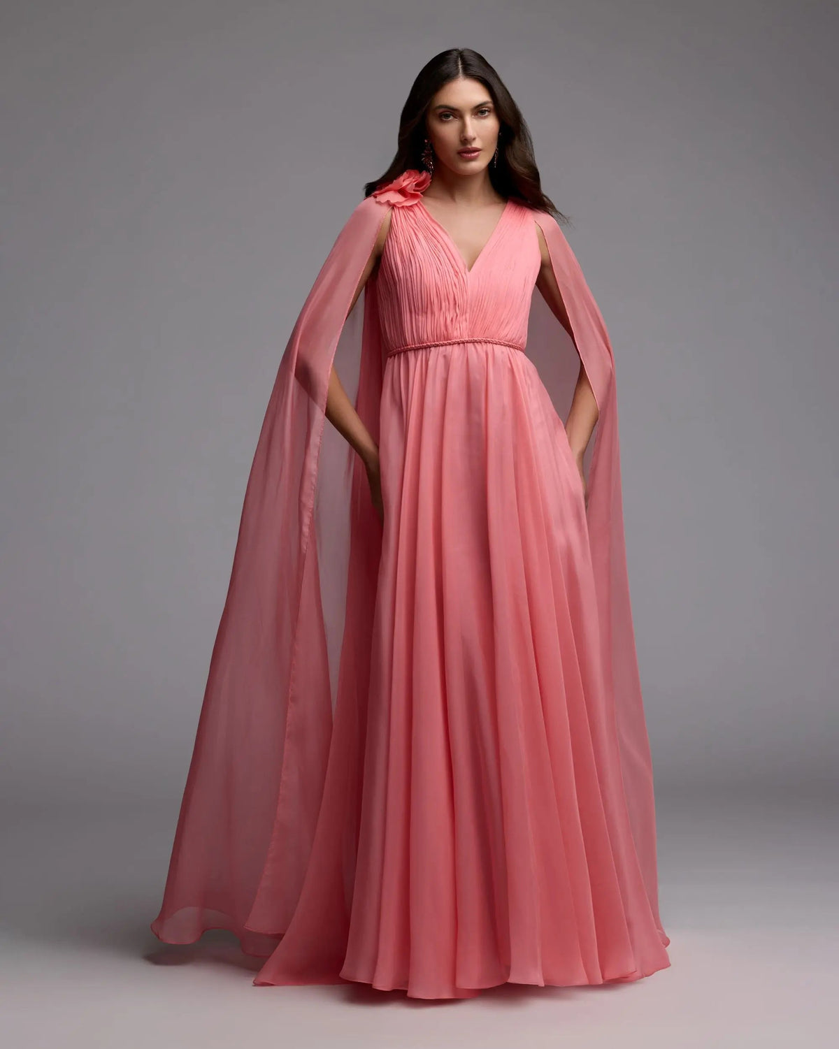 Mac Duggal Pink Chiffon V-Neck Gown With Cape Sleeves