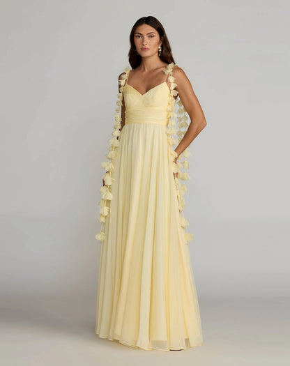 Mac Duggal Yellow Chiffon A Line Gown With 3D Flower Straps