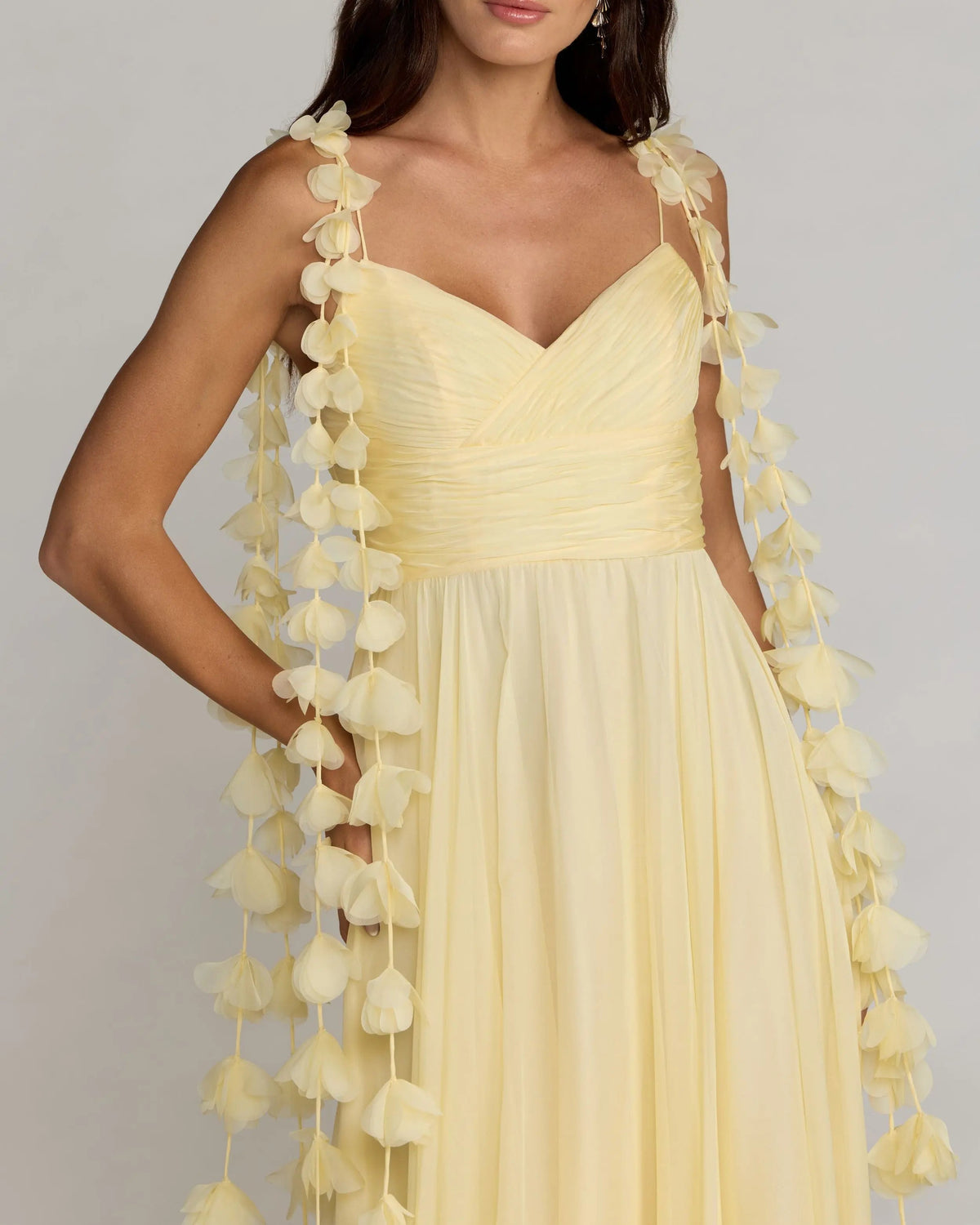 Mac Duggal Yellow Chiffon A Line Gown With 3D Flower Straps