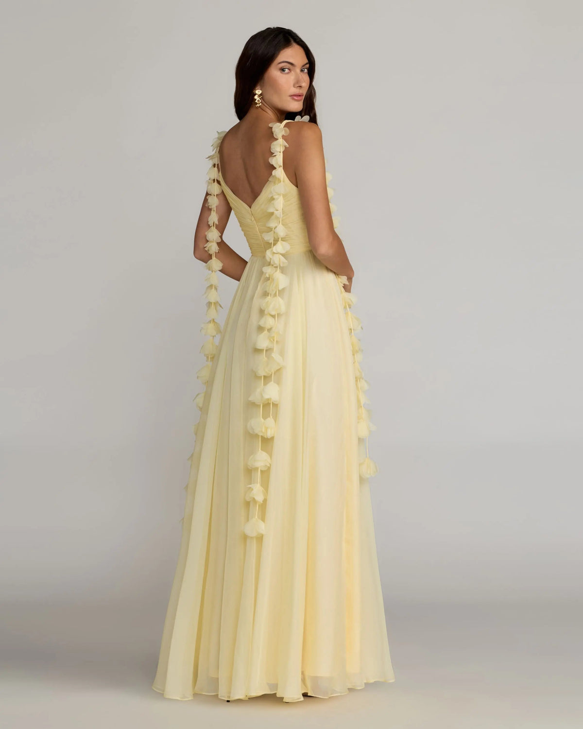 Mac Duggal Yellow Chiffon A Line Gown With 3D Flower Straps