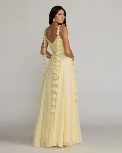 Mac Duggal Yellow Chiffon A Line Gown With 3D Flower Straps