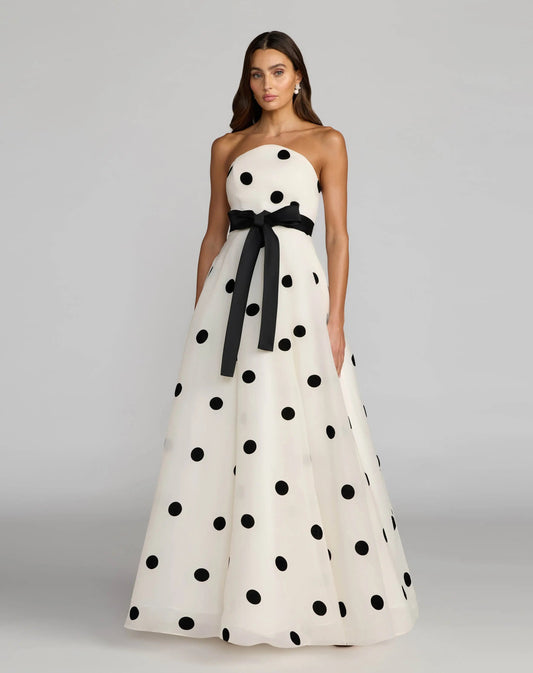 Mac Duggal White Strapless Polka Dot Organza Gown With Satin Bow