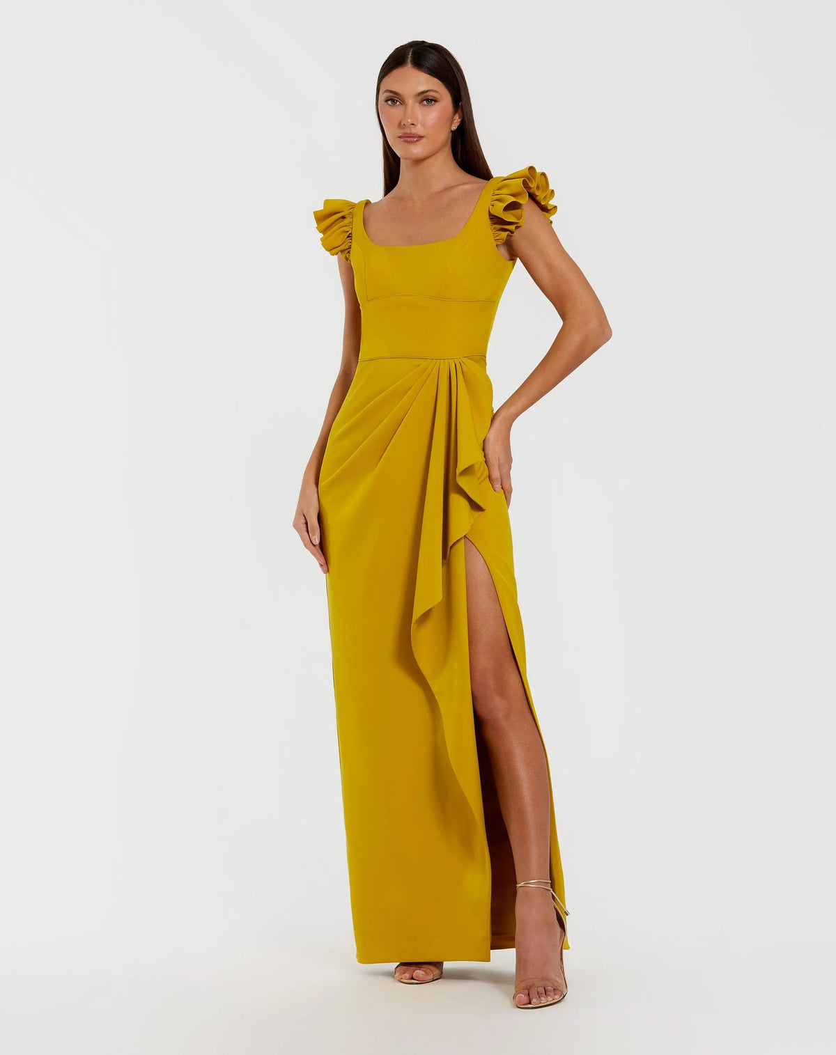 Mac Duggal Yellow Square Neck Column Gown With Ruffle Detail
