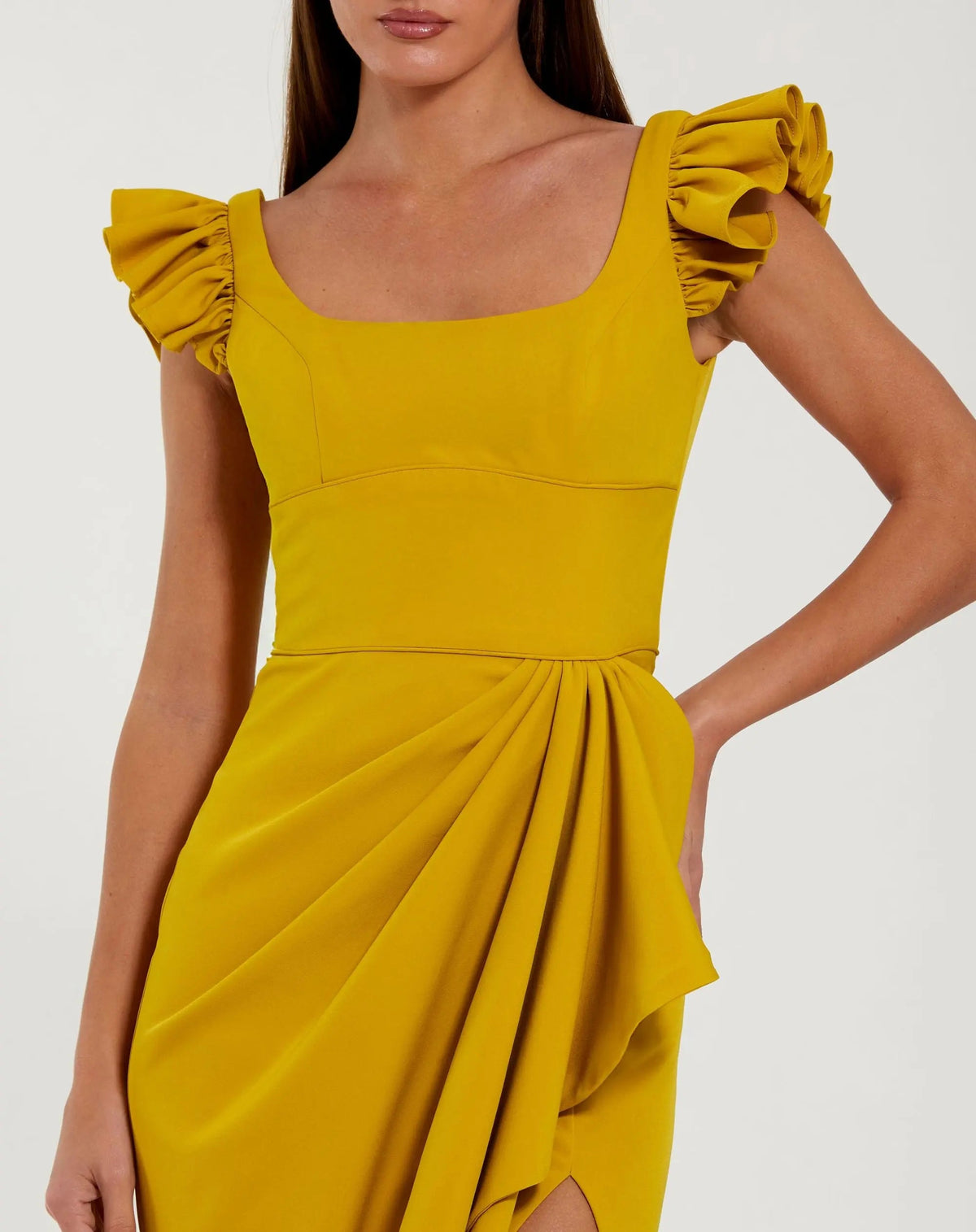 Mac Duggal Yellow Square Neck Column Gown With Ruffle Detail