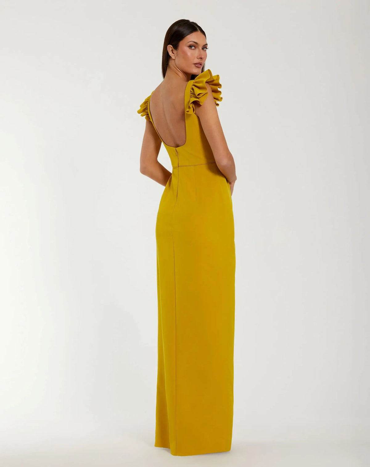 Mac Duggal Yellow Square Neck Column Gown With Ruffle Detail