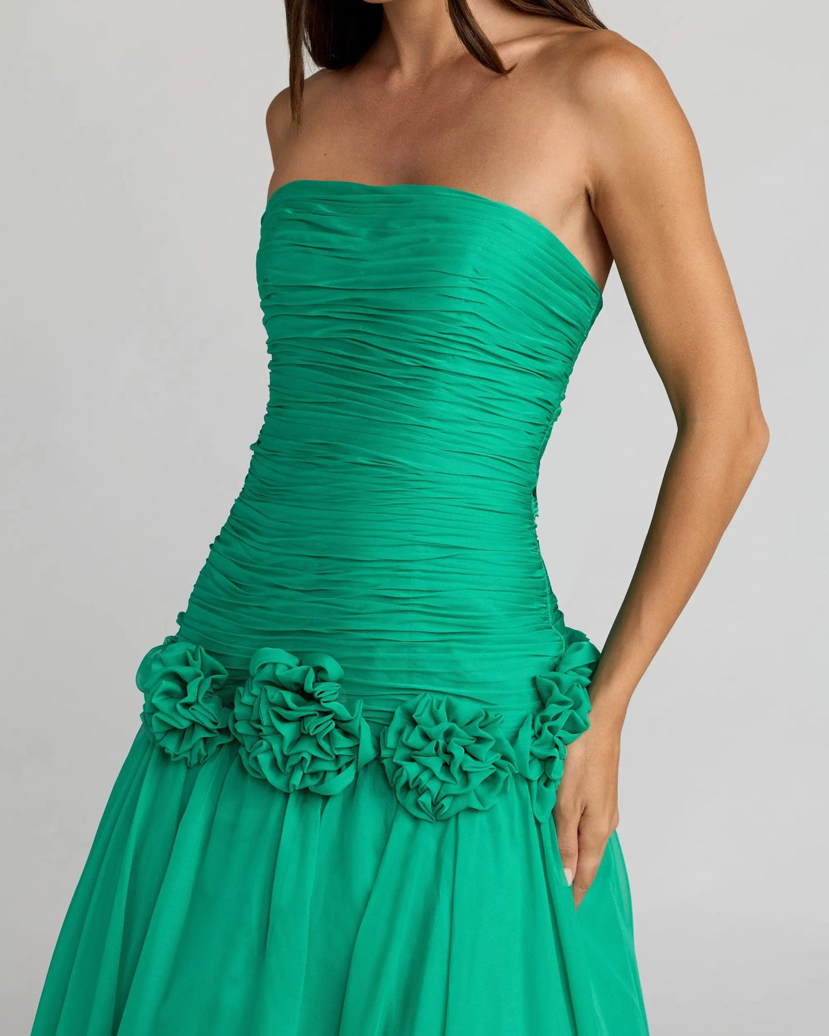 Mac Duggal Green Strapless Chiffon Ball Gown With 3D Flowers