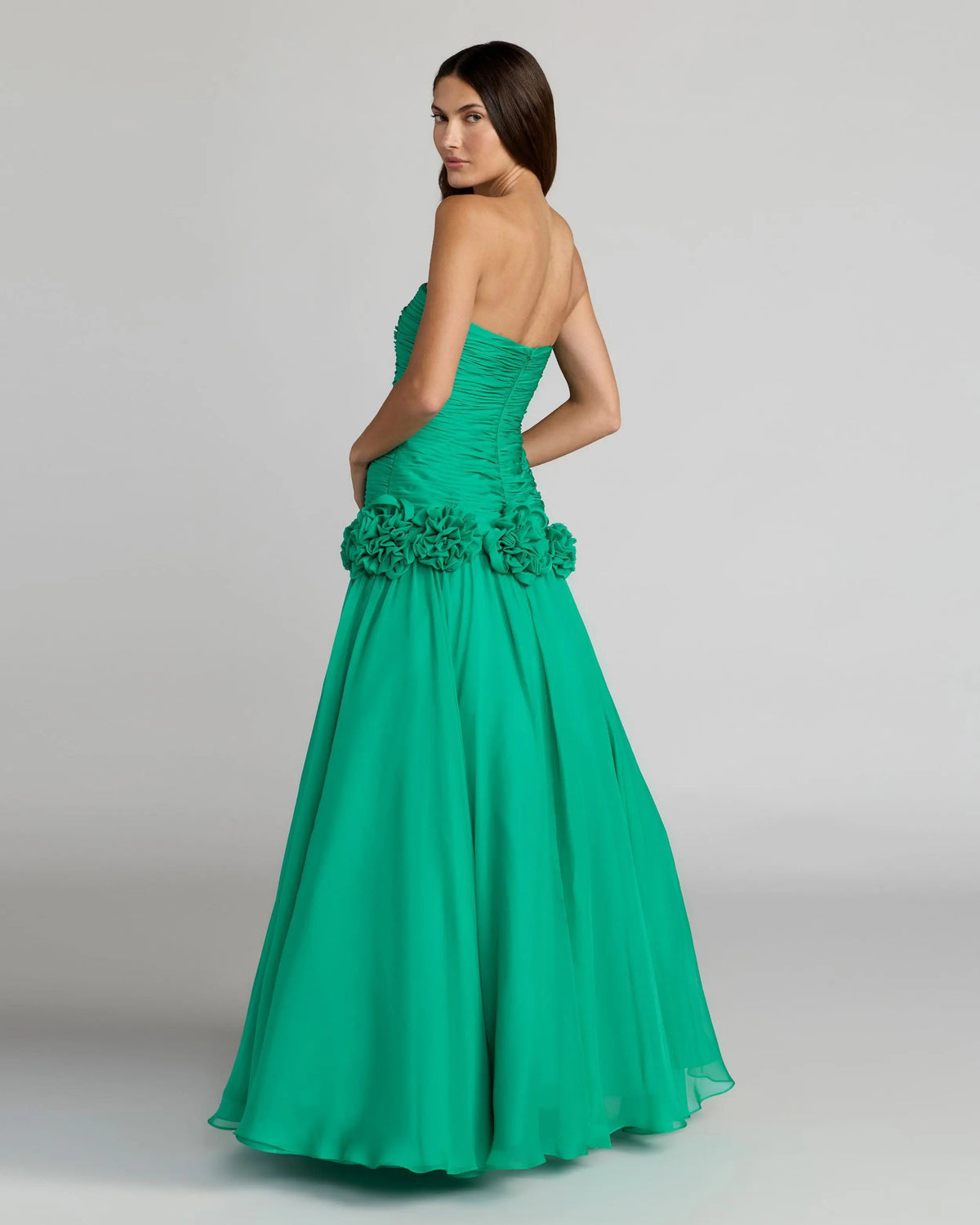 Mac Duggal Green Strapless Chiffon Ball Gown With 3D Flowers