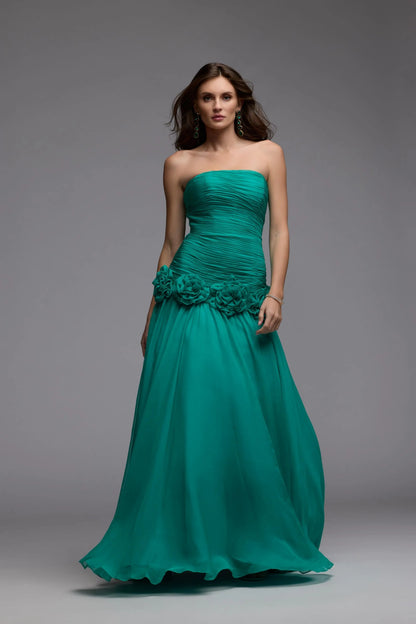 Mac Duggal Green Strapless Chiffon Ball Gown With 3D Flowers