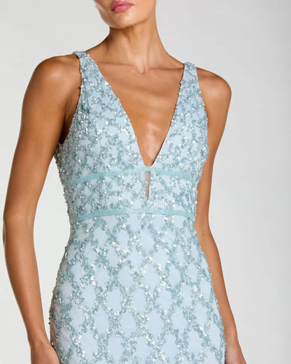 Mac Duggal Blue Sequin Embellished Sleeveless Column Gown