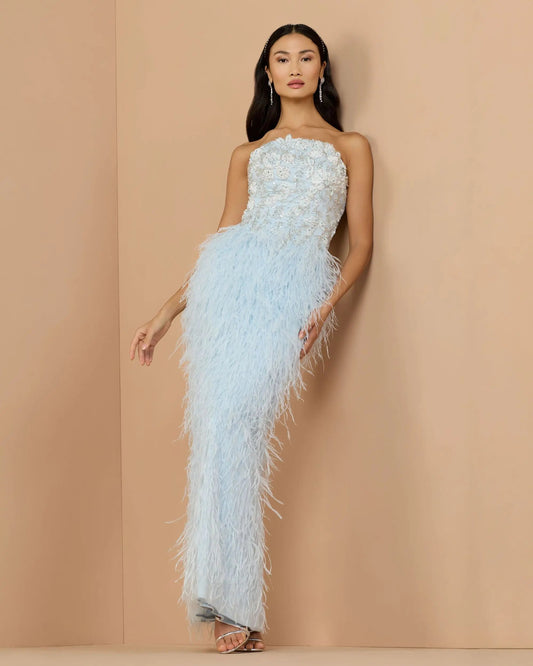Mac Duggal Blue Embellished Strapless Feather Gown