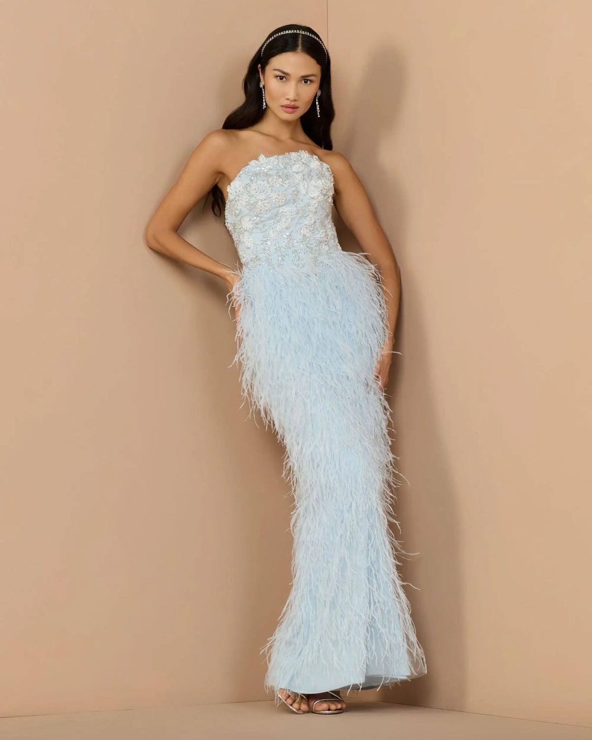 Mac Duggal Blue Embellished Strapless Feather Gown