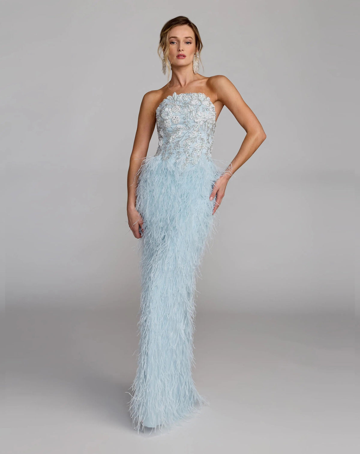 Mac Duggal Blue Embellished Strapless Feather Gown