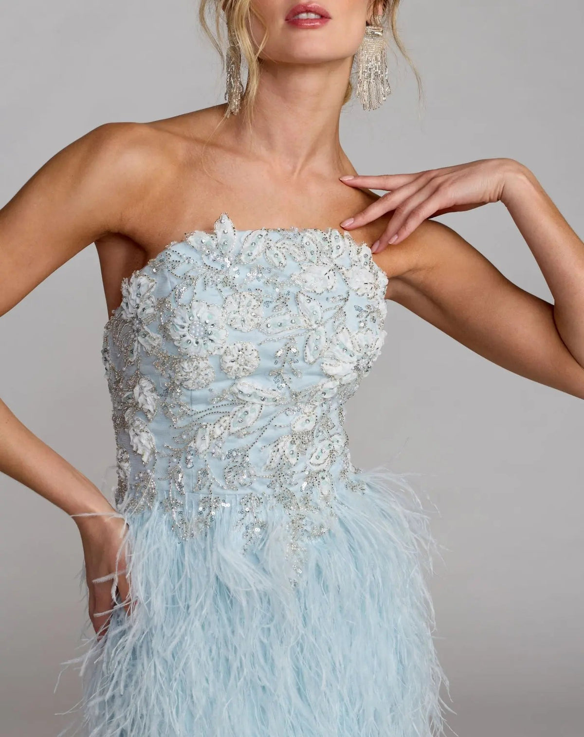 Mac Duggal Blue Embellished Strapless Feather Gown