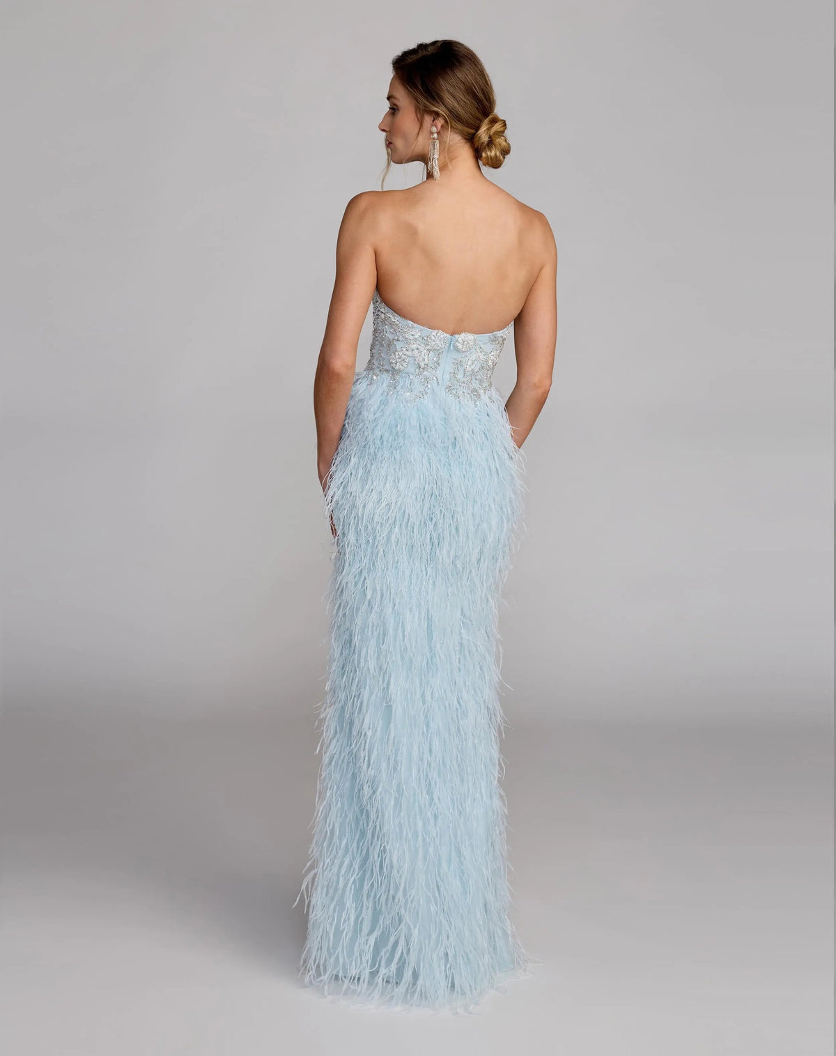 Mac Duggal Blue Embellished Strapless Feather Gown