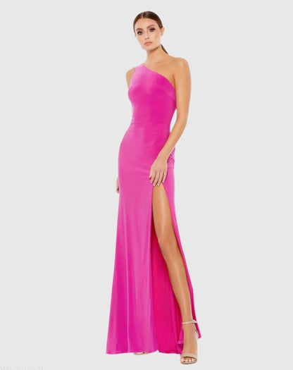 Mac Duggal Pink Jersey One Shoulder Draped Back Gown