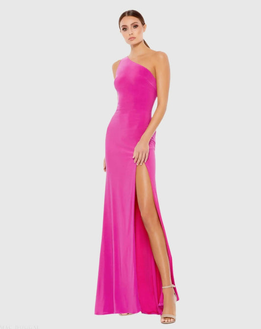 Mac Duggal Pink Jersey One Shoulder Draped Back Gown