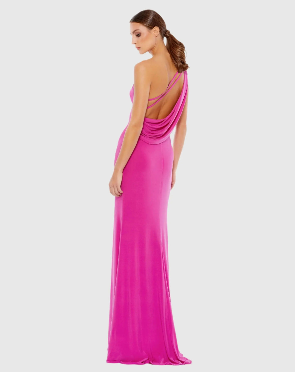 Mac Duggal Pink Jersey One Shoulder Draped Back Gown