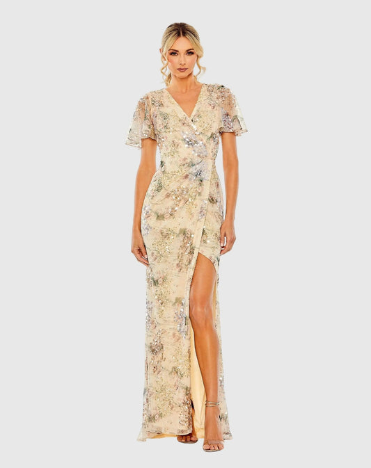 Mac Duggal Beige Flutter Sleeve Embellished Evening Gown
