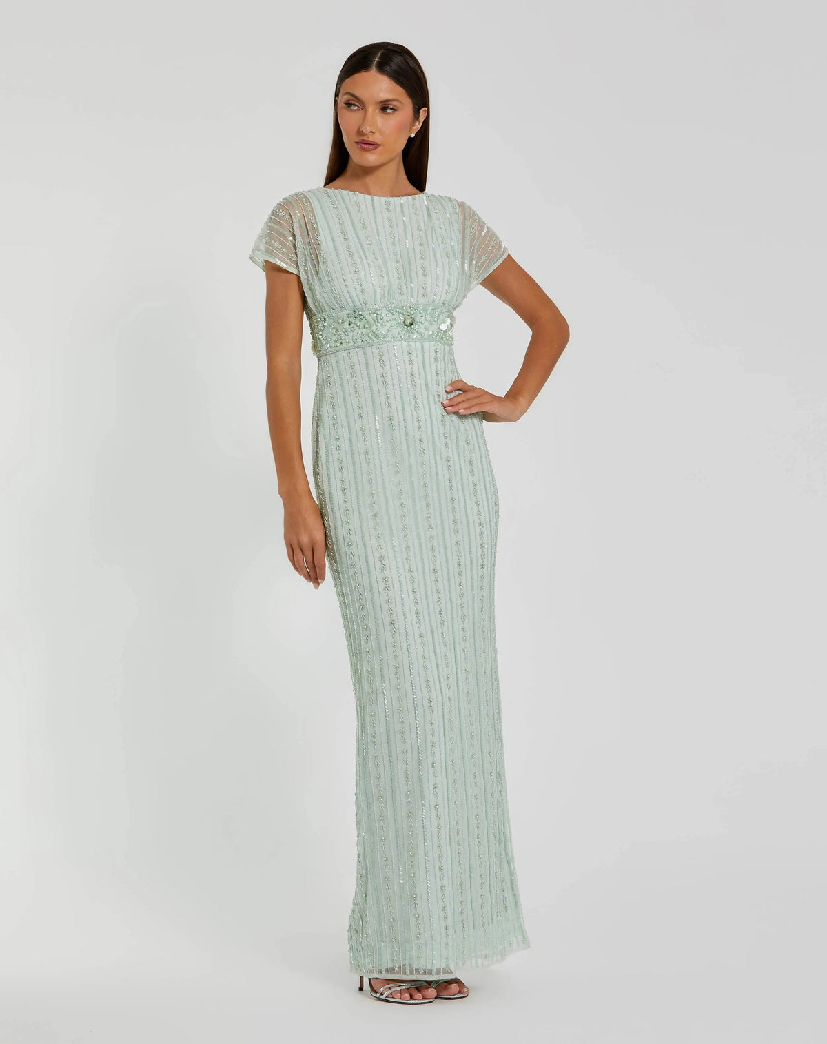 Mac Duggal Blue Beaded Blouson Column Gown