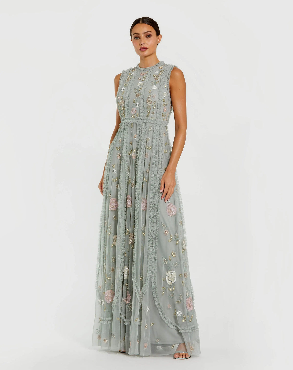 Mac Duggal Petite Green Floral Mesh Sleeveless A Line Micro Ruffle Gown