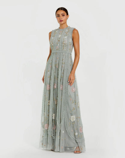 Mac Duggal Petite Green Floral Mesh Sleeveless A Line Micro Ruffle Gown