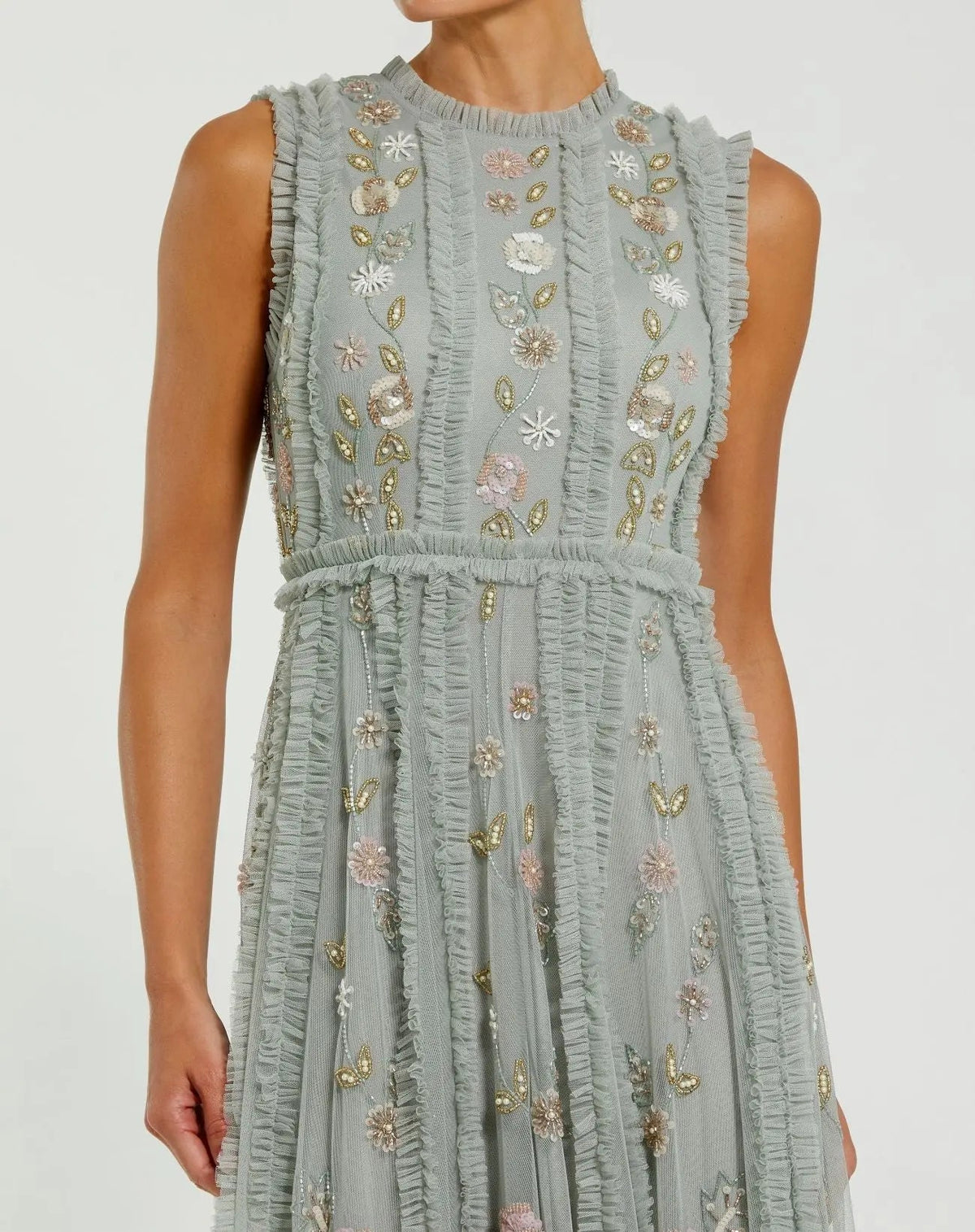 Mac Duggal Petite Green Floral Mesh Sleeveless A Line Micro Ruffle Gown