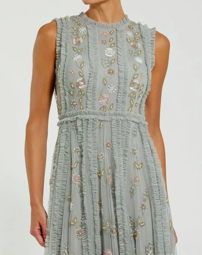Mac Duggal Petite Green Floral Mesh Sleeveless A Line Micro Ruffle Gown