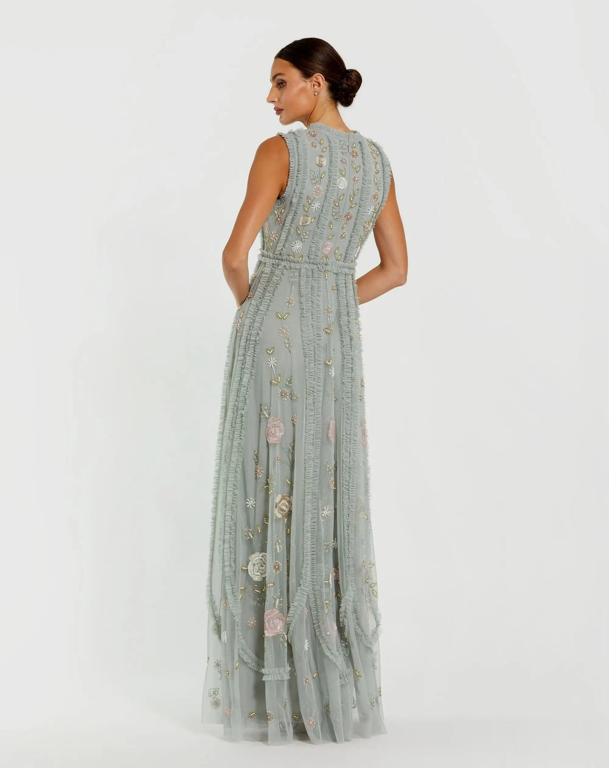 Mac Duggal Petite Green Floral Mesh Sleeveless A Line Micro Ruffle Gown