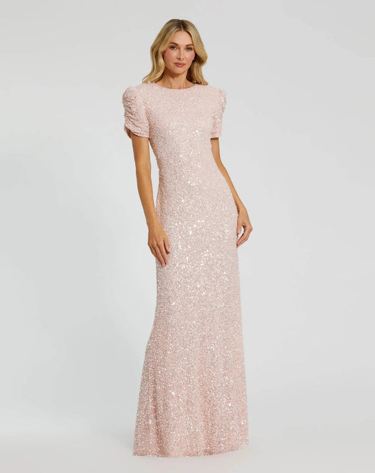 Mac Duggal Petite Pink Gathered Short Sleeve Embellished Gown