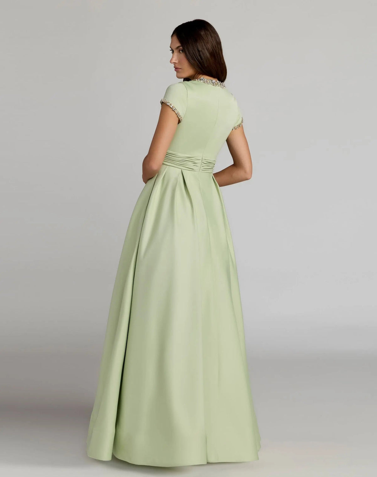 Mac Duggal Green Embellished Satin Cap Sleeve Ball Gown