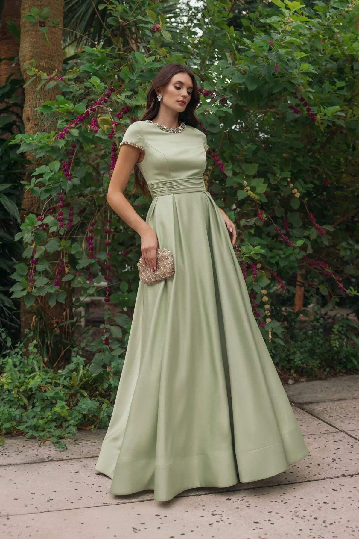 Mac Duggal Green Embellished Satin Cap Sleeve Ball Gown