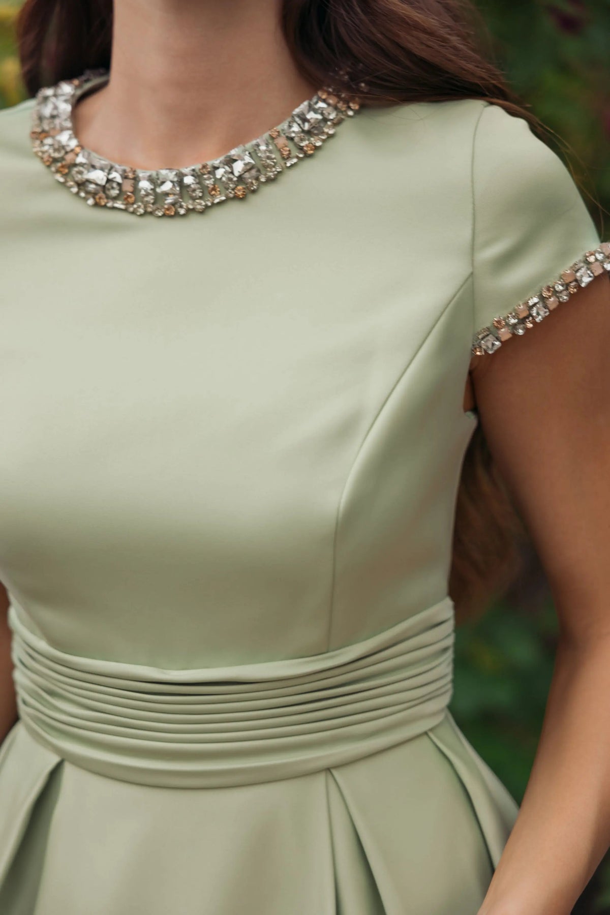 Mac Duggal Green Embellished Satin Cap Sleeve Ball Gown
