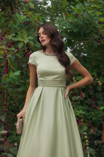 Mac Duggal Green Embellished Satin Cap Sleeve Ball Gown