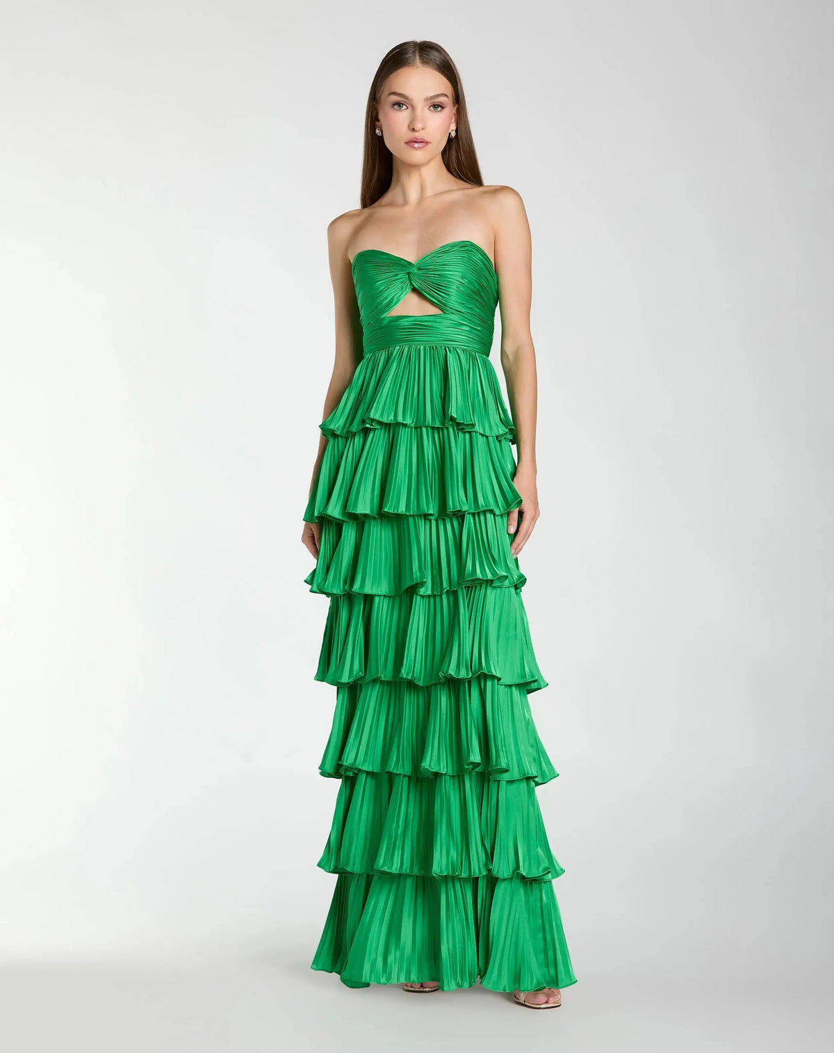 Mac Duggal Green Strapless Pleated Charmeuse Tiered Ruffle Gown