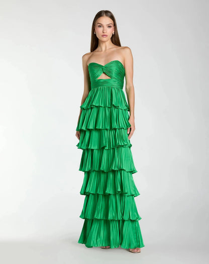 Mac Duggal Green Strapless Pleated Charmeuse Tiered Ruffle Gown