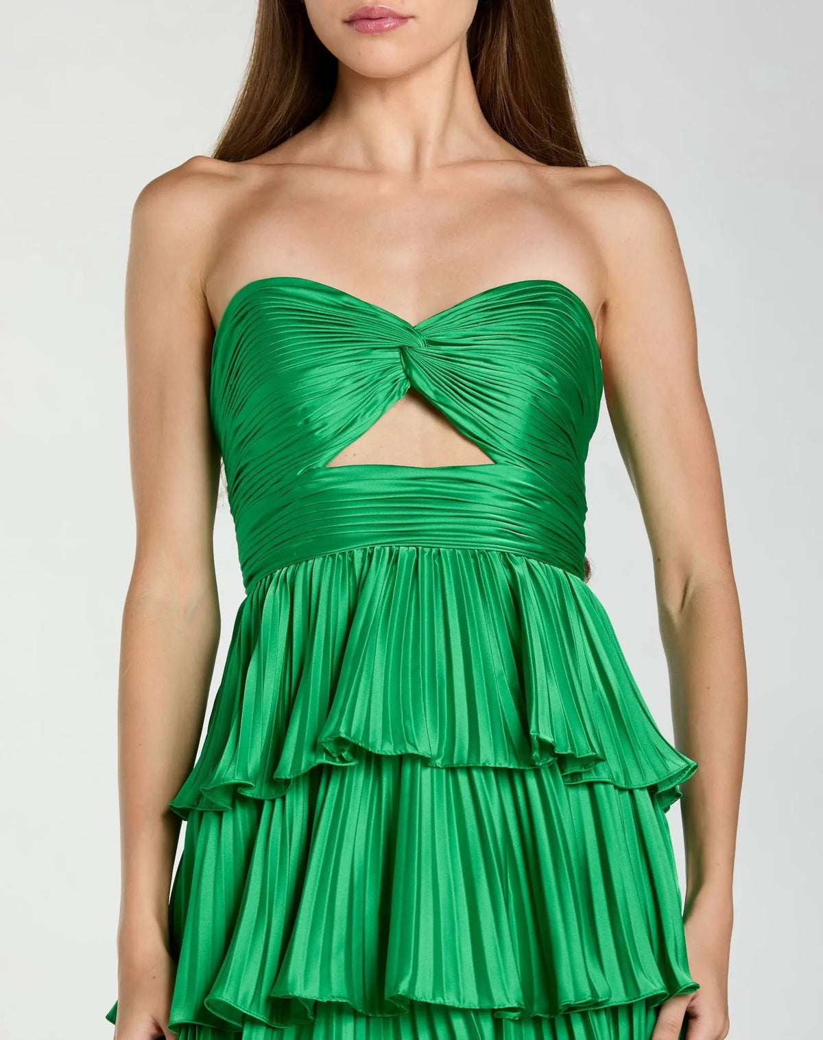 Mac Duggal Green Strapless Pleated Charmeuse Tiered Ruffle Gown