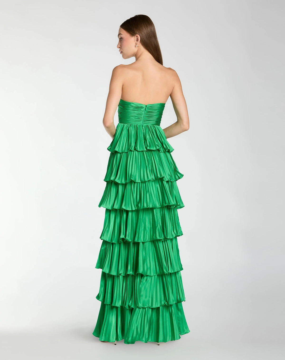 Mac Duggal Green Strapless Pleated Charmeuse Tiered Ruffle Gown