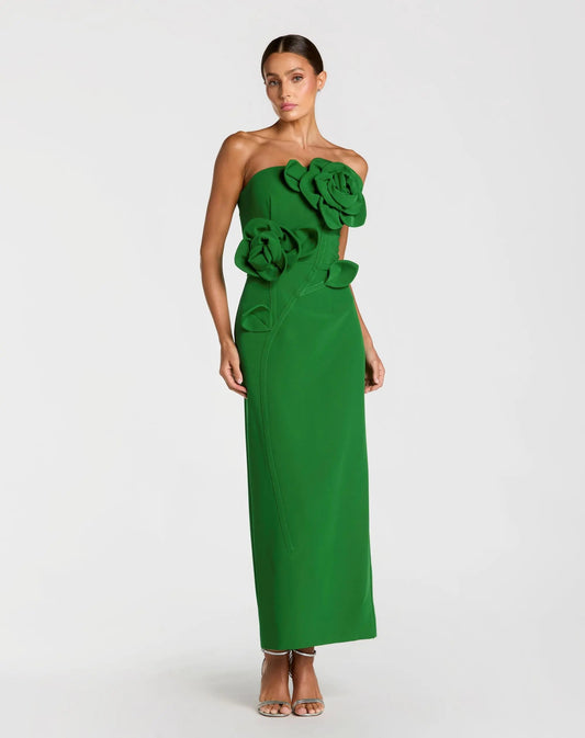 Mac Duggal Green Strapless Crepe Dress With 3D Flower Detail