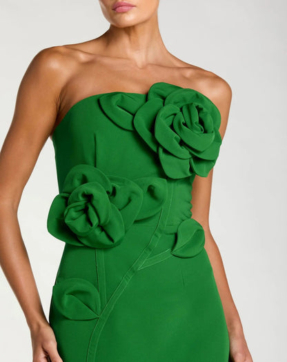 Mac Duggal Green Strapless Crepe Dress With 3D Flower Detail