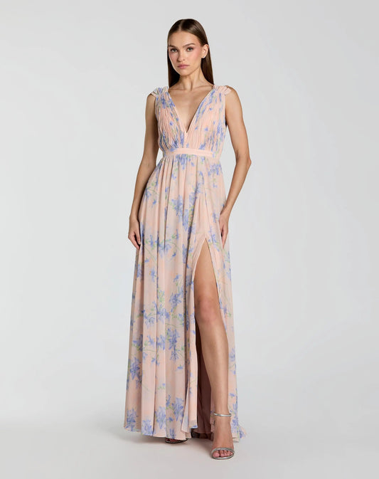 Mac Duggal Pink Sleeveless Pleated Floral Print Chiffon V-Neck Gown