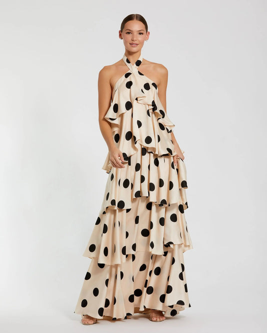 Mac Duggal Beige Tiered Ruffle Polka Dot Charmeuse Gown