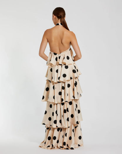 Mac Duggal Beige Tiered Ruffle Polka Dot Charmeuse Gown